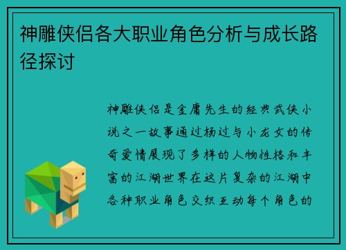 神雕侠侣各大职业角色分析与成长路径探讨